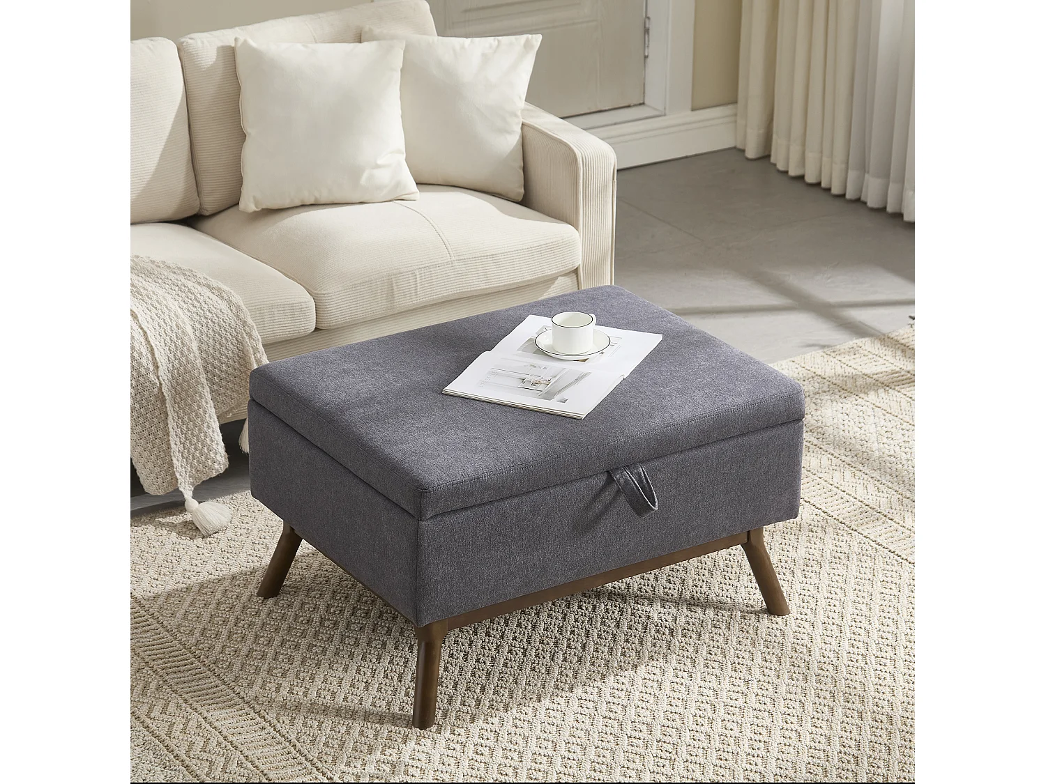 Table basique moderne carrée avec rangement, design milieu de siècle, bois massif et lin, gris foncé (80x59x45cm)