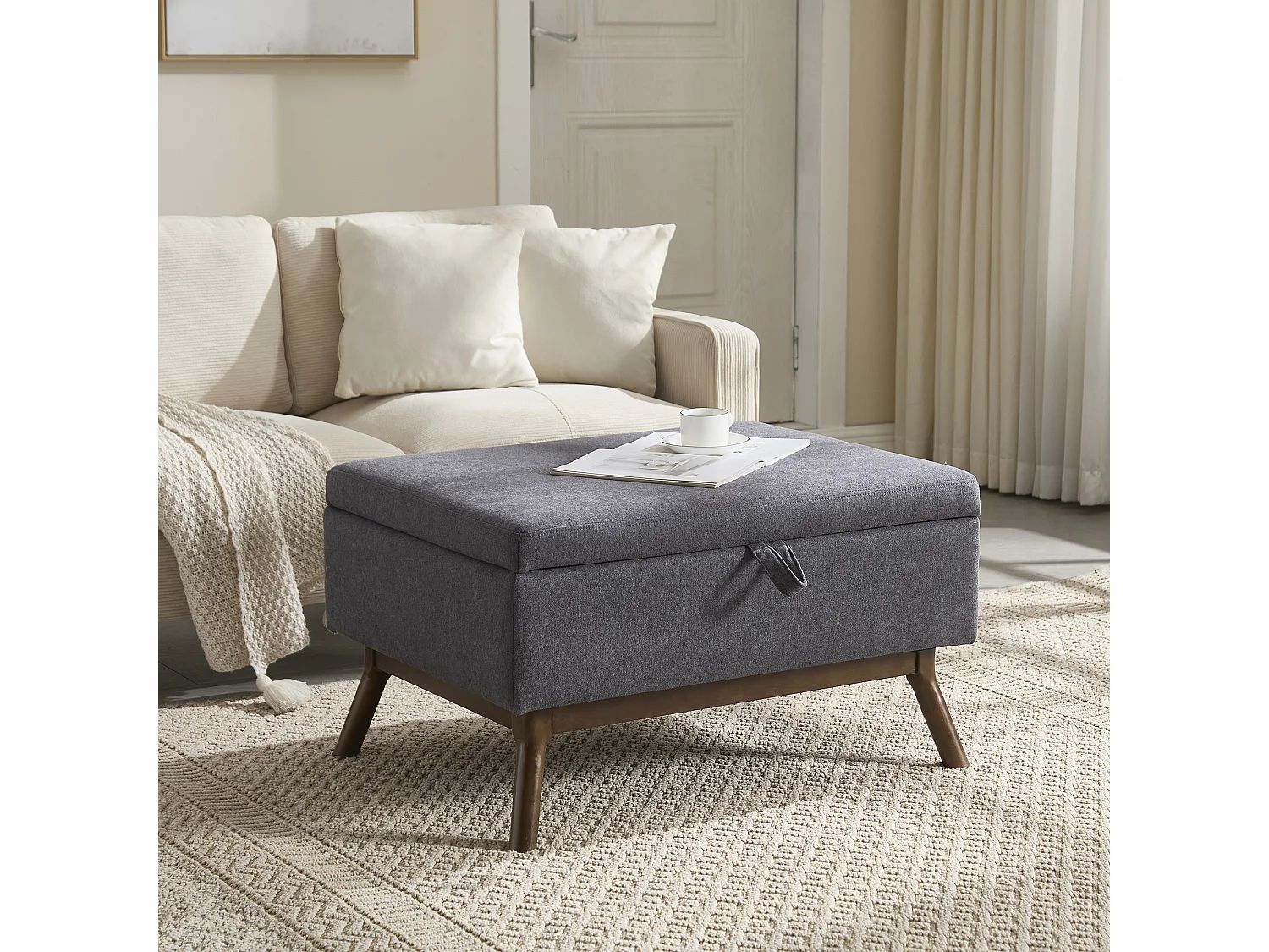 Table basique moderne carrée avec rangement, design milieu de siècle, bois massif et lin, gris foncé (80x59x45cm)