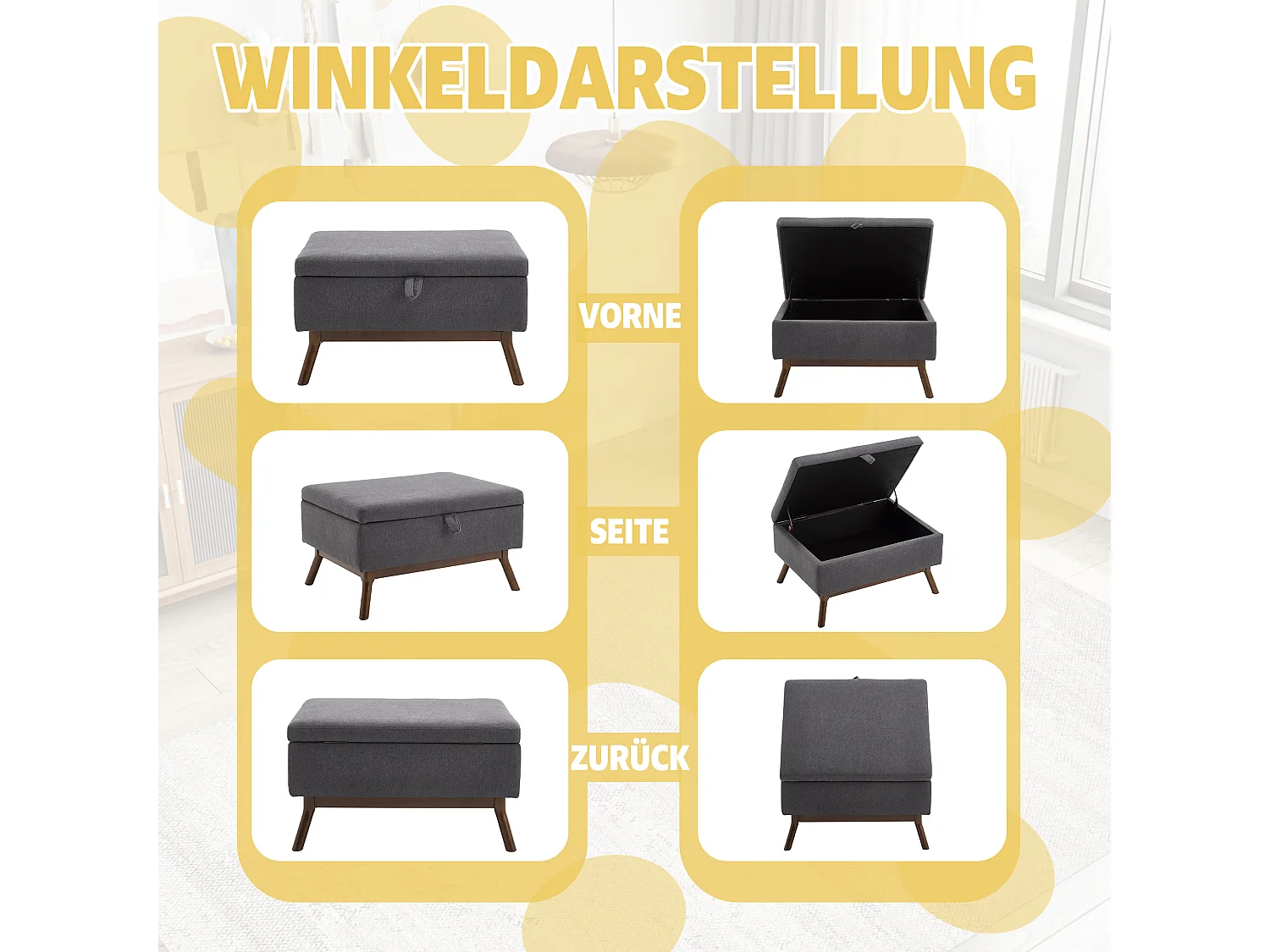 Table basique moderne carrée avec rangement, design milieu de siècle, bois massif et lin, gris foncé (80x59x45cm)