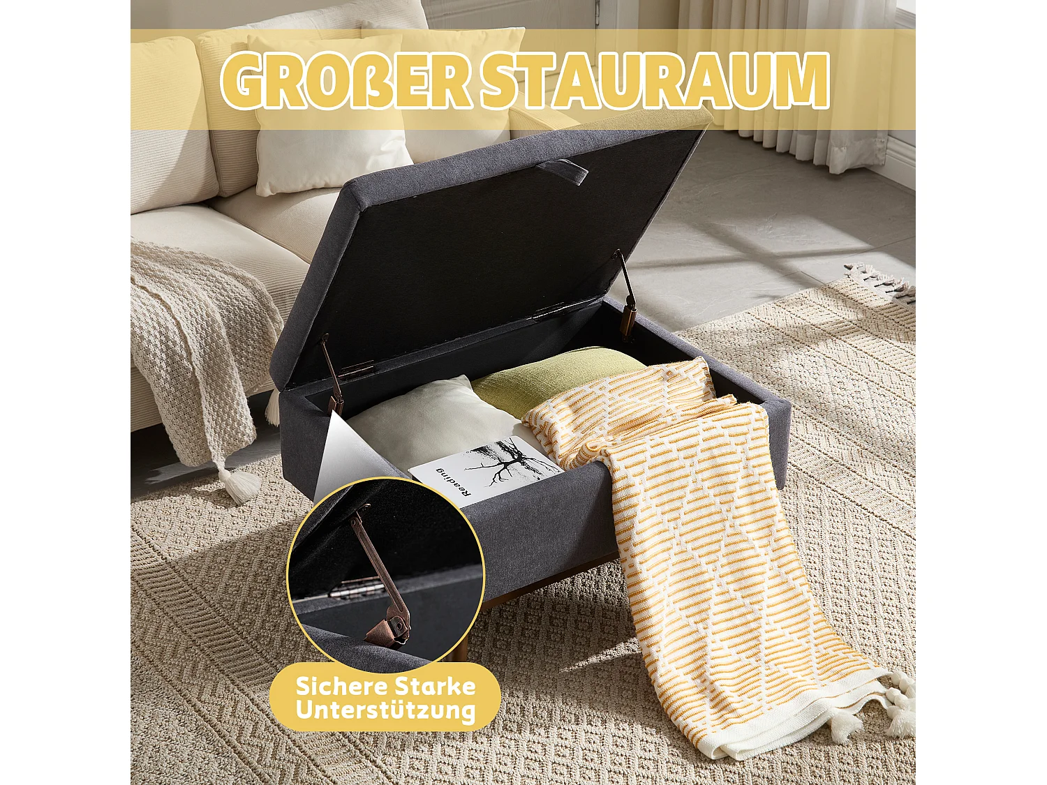 Table basique moderne carrée avec rangement, design milieu de siècle, bois massif et lin, gris foncé (80x59x45cm)