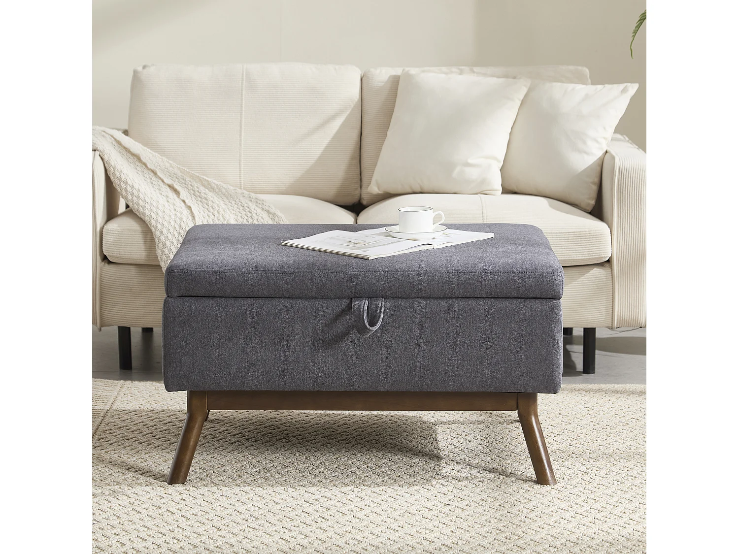 Table basique moderne carrée avec rangement, design milieu de siècle, bois massif et lin, gris foncé (80x59x45cm)