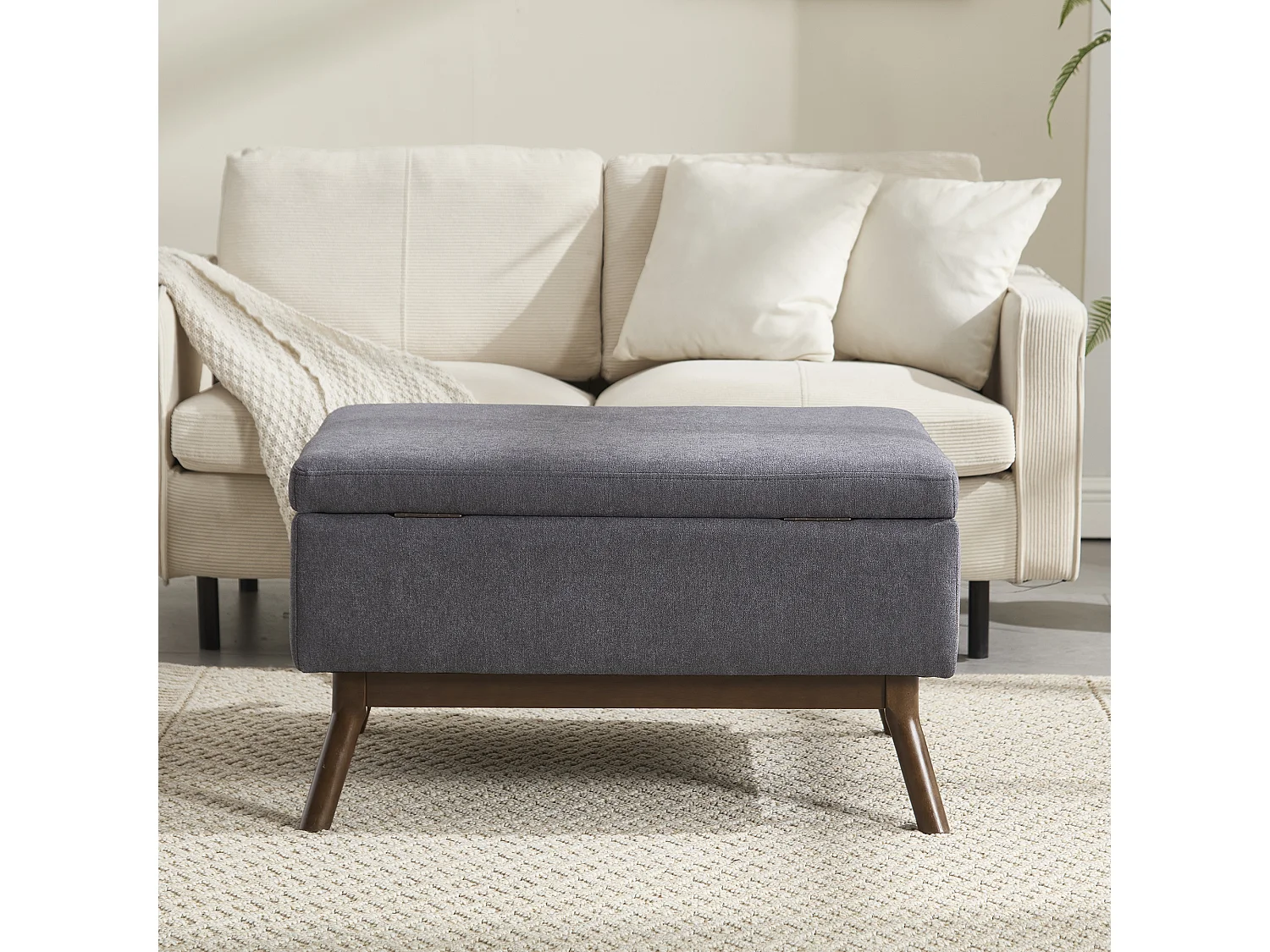 Table basique moderne carrée avec rangement, design milieu de siècle, bois massif et lin, gris foncé (80x59x45cm)