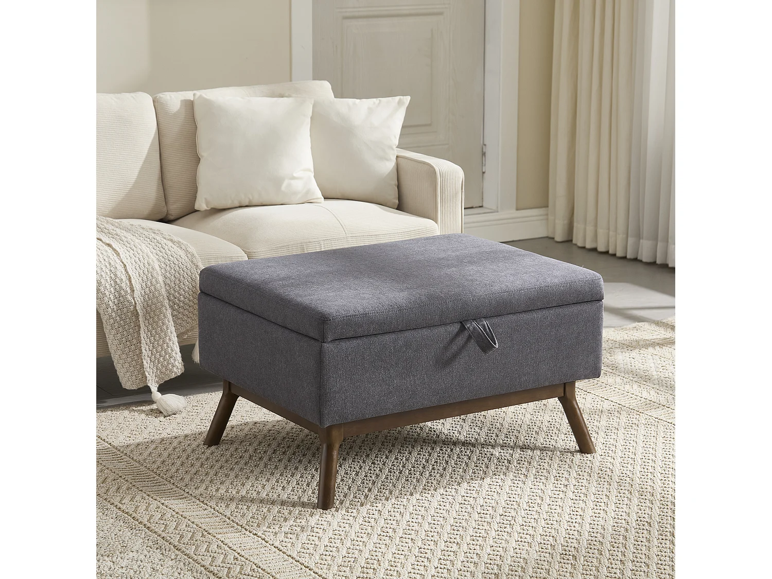 Table basique moderne carrée avec rangement, design milieu de siècle, bois massif et lin, gris foncé (80x59x45cm)