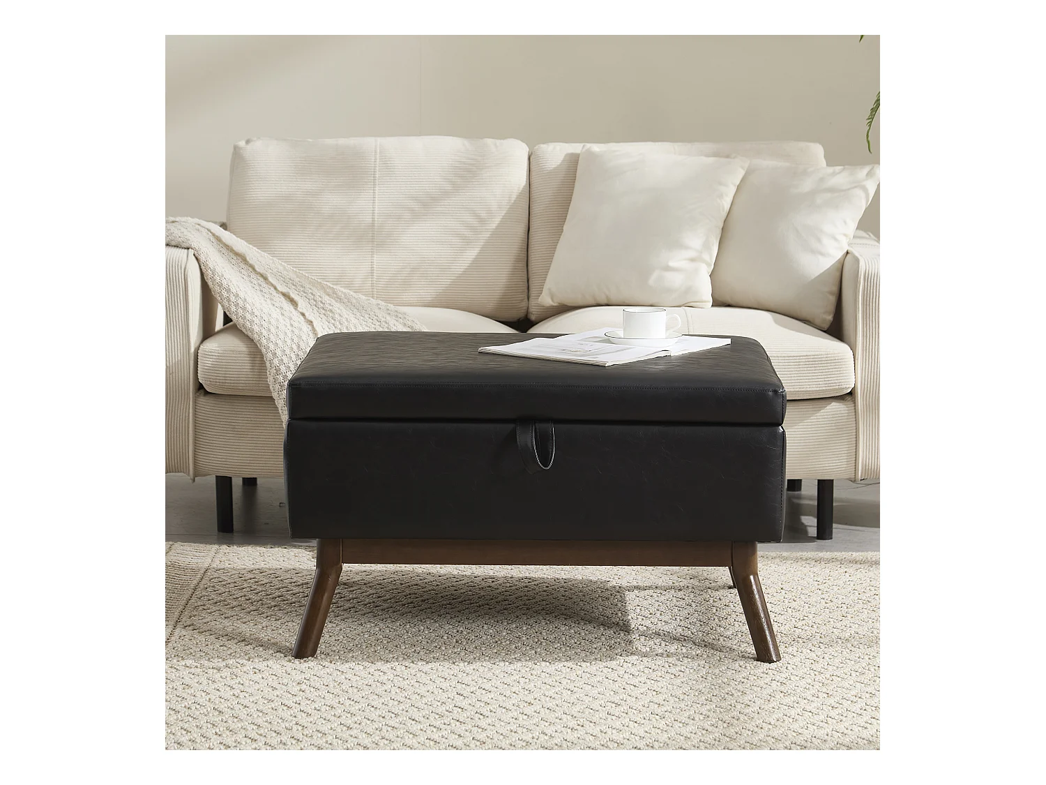 Table basse multifonction design mid-century, structure en bois massif et similicuir, noir (80x59x45cm)