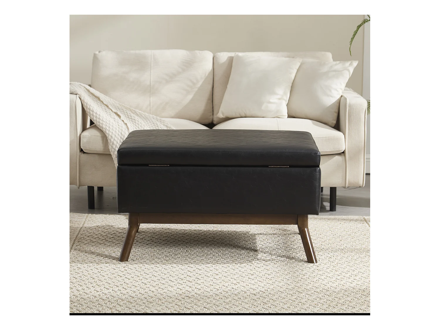 Table basse multifonction design mid-century, structure en bois massif et similicuir, noir (80x59x45cm)