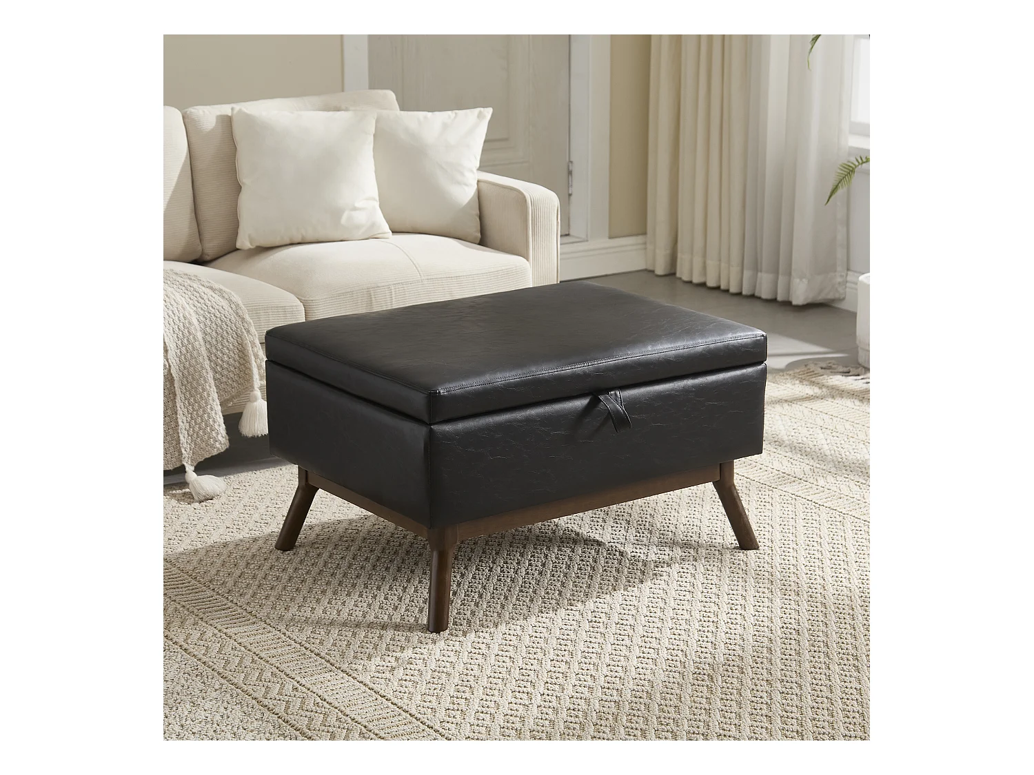 Table basse multifonction design mid-century, structure en bois massif et similicuir, noir (80x59x45cm)