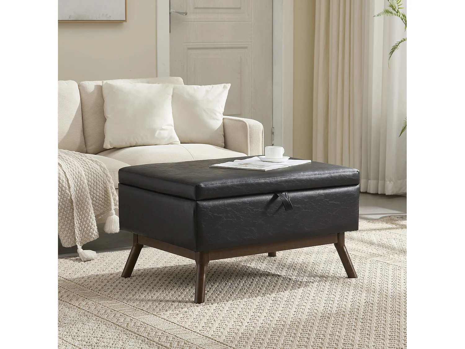 Table basse multifonction design mid-century, structure en bois massif et similicuir, noir (80x59x45cm)