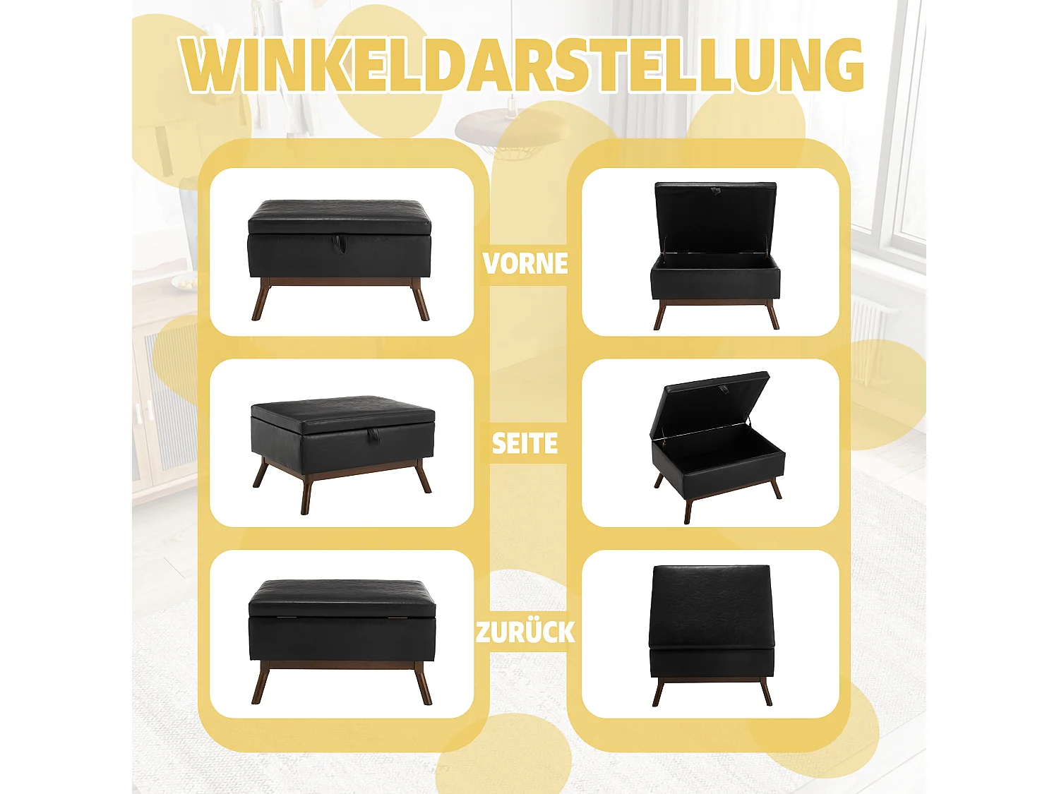 Table basse multifonction design mid-century, structure en bois massif et similicuir, noir (80x59x45cm)