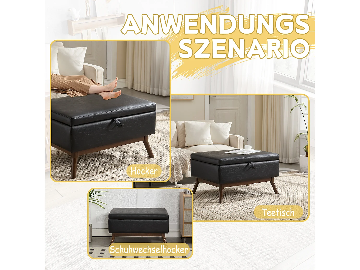 Table basse multifonction design mid-century, structure en bois massif et similicuir, noir (80x59x45cm)