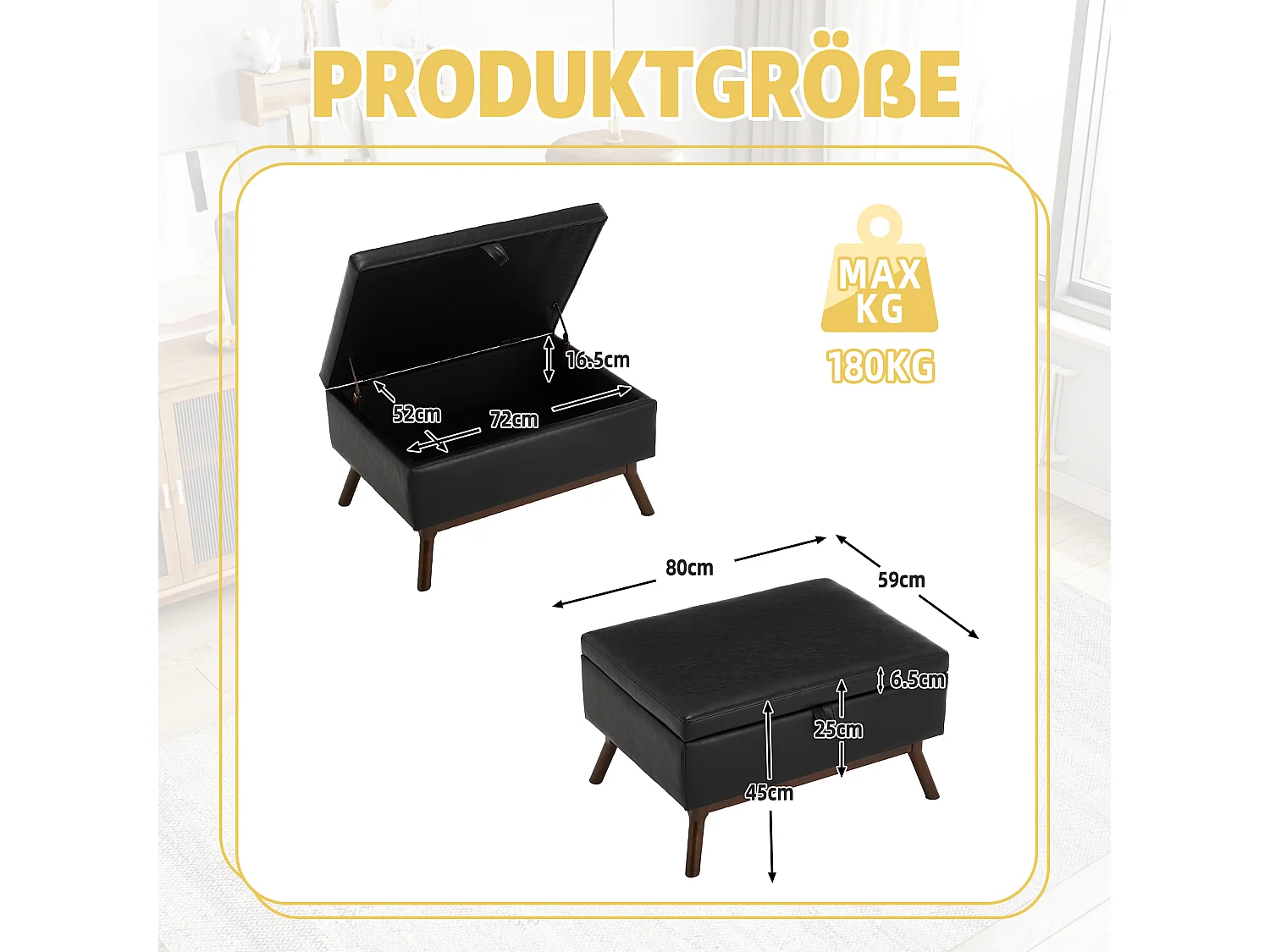 Table basse multifonction design mid-century, structure en bois massif et similicuir, noir (80x59x45cm)