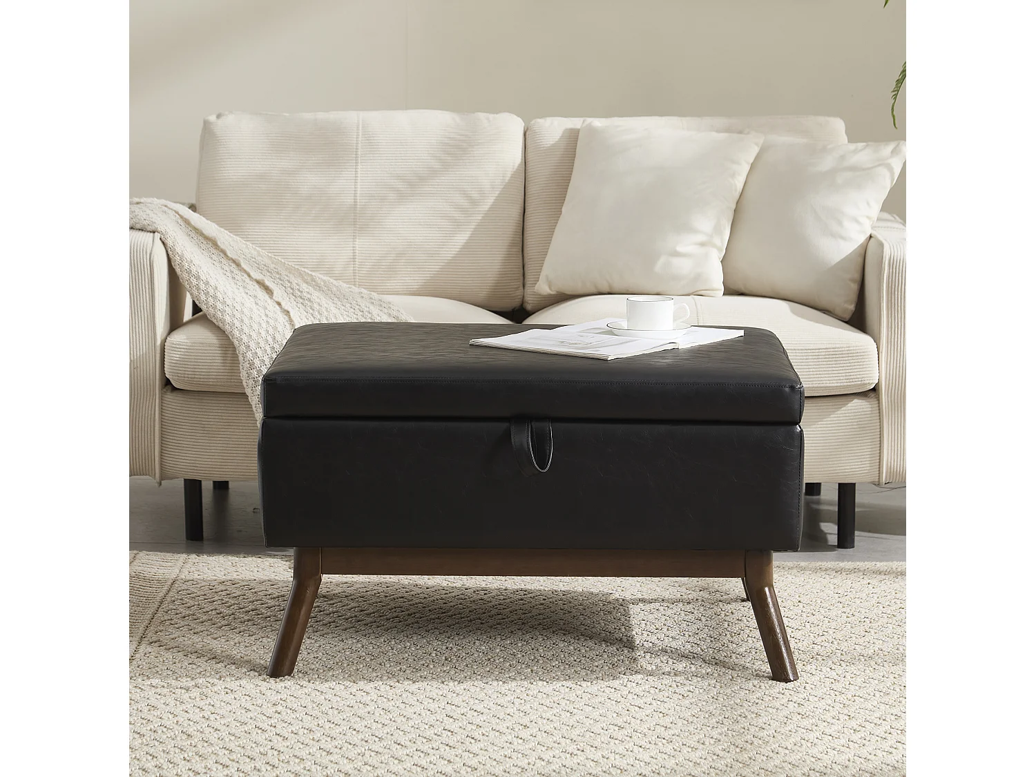 Table basse multifonction design mid-century, structure en bois massif et similicuir, noir (80x59x45cm)