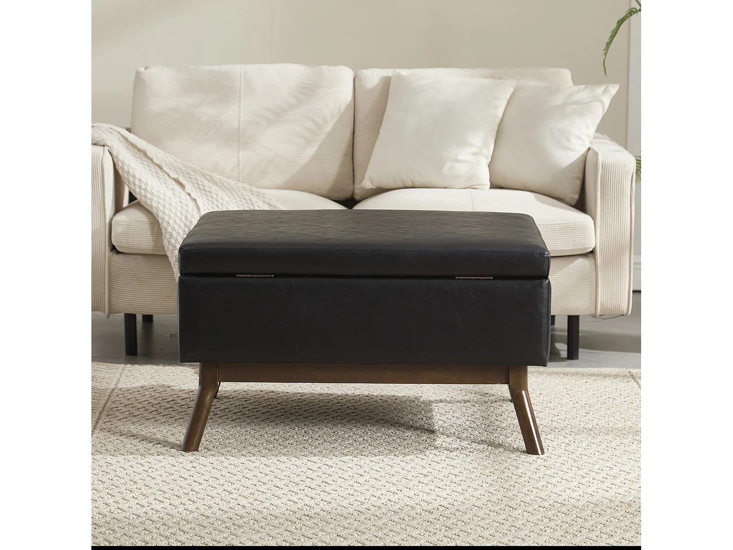 Table basse multifonction design mid-century, structure en bois massif et similicuir, noir (80x59x45cm)