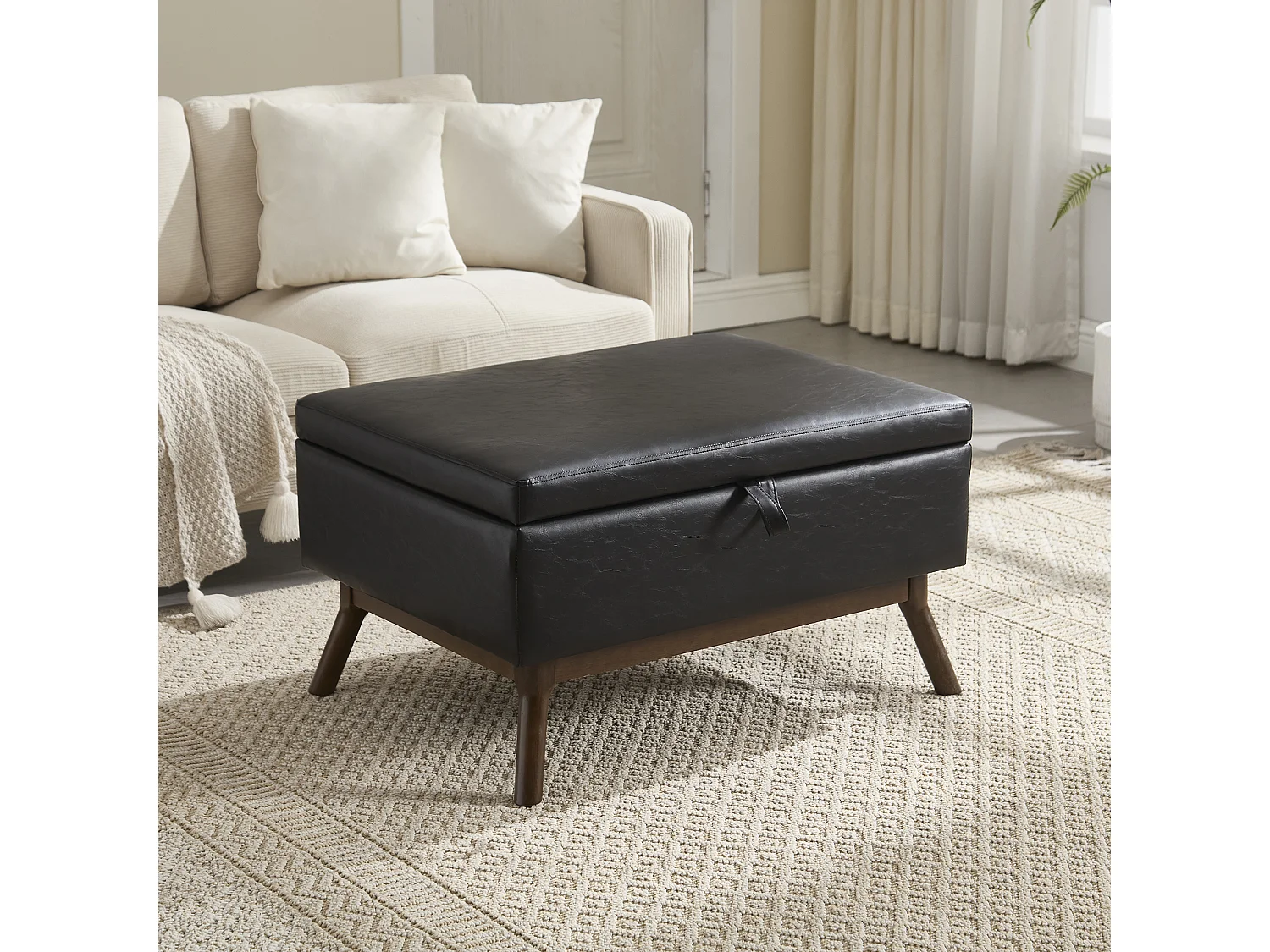 Table basse multifonction design mid-century, structure en bois massif et similicuir, noir (80x59x45cm)