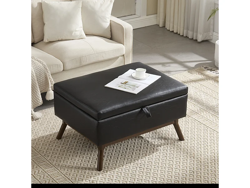 Table basse multifonction design mid-century, structure en bois massif et similicuir, noir (80x59x45cm)