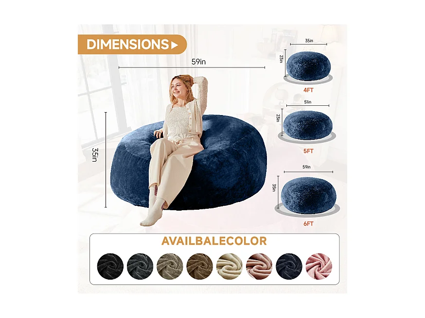 Pouf géant en mousse, confortable et polyvalent, idéal pour salon et balcon, bleu (120x120x60cm)