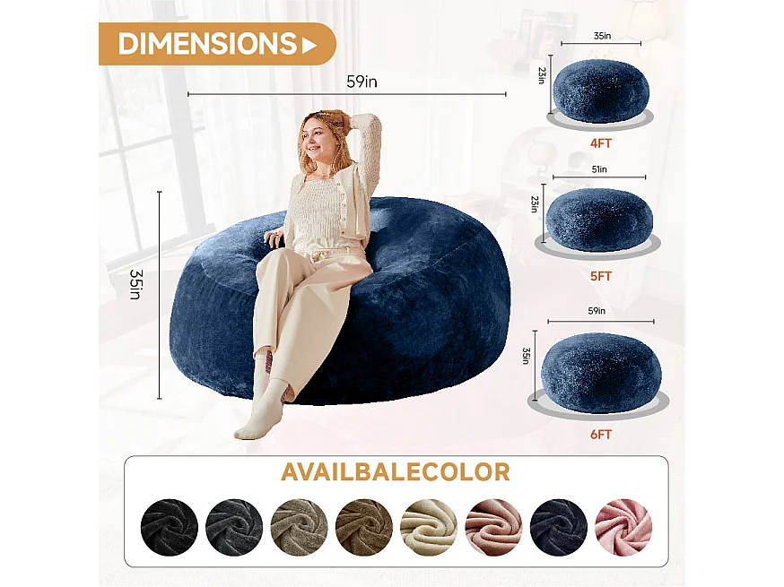 Pouf géant en mousse, confortable et polyvalent, idéal pour salon et balcon, bleu (120x120x60cm)