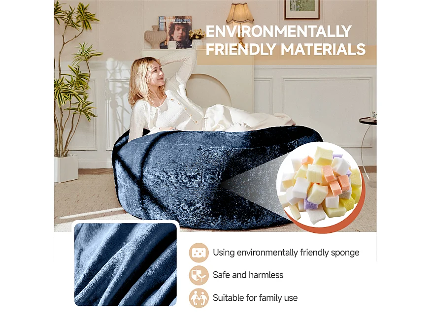 Pouf géant en mousse, confortable et polyvalent, idéal pour salon et balcon, bleu (120x120x60cm)