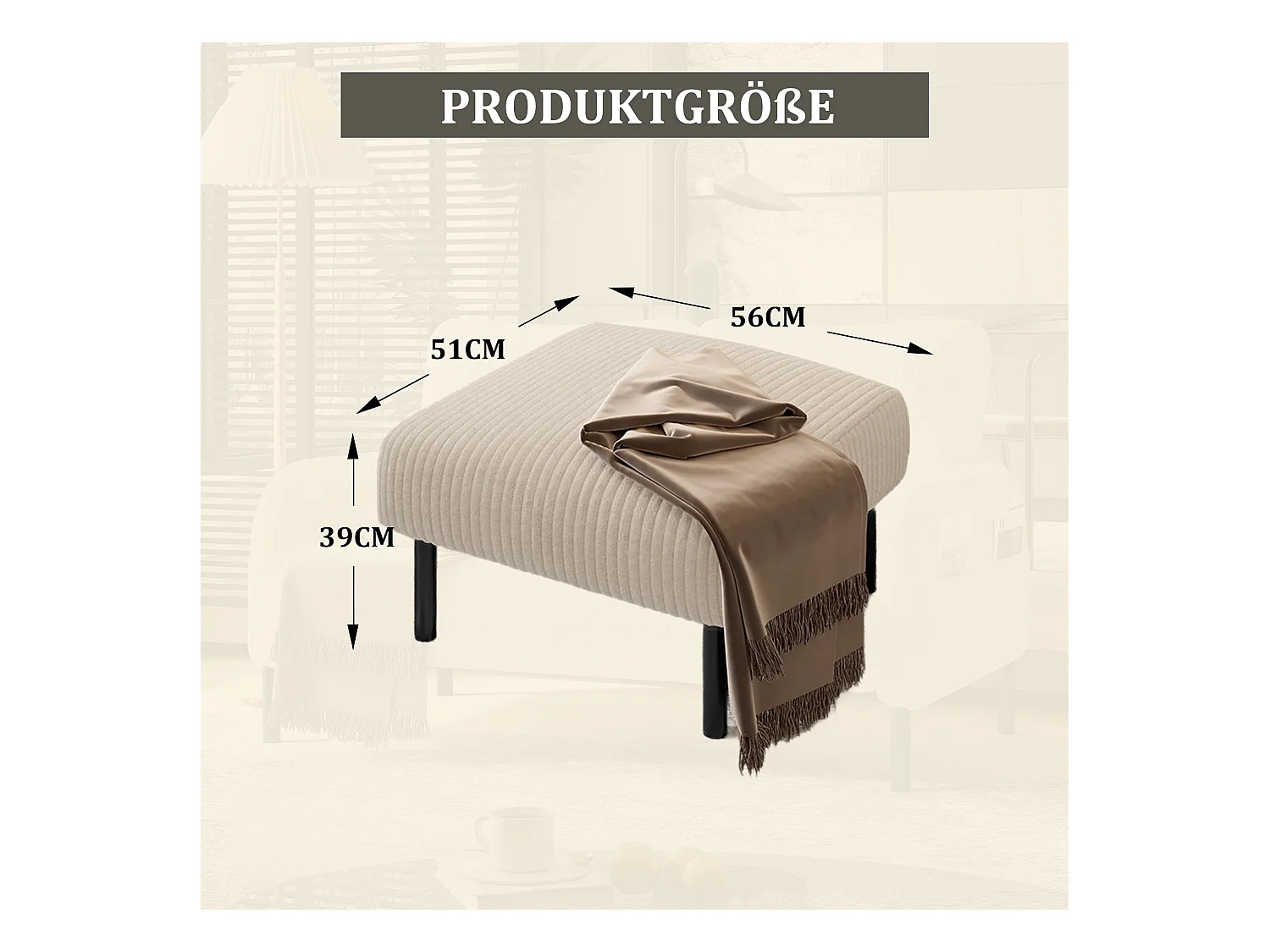 Pouf en velours côtelé avec structure métallique, design contemporain, confort ultra-doux, beige (60x56x18 cm)