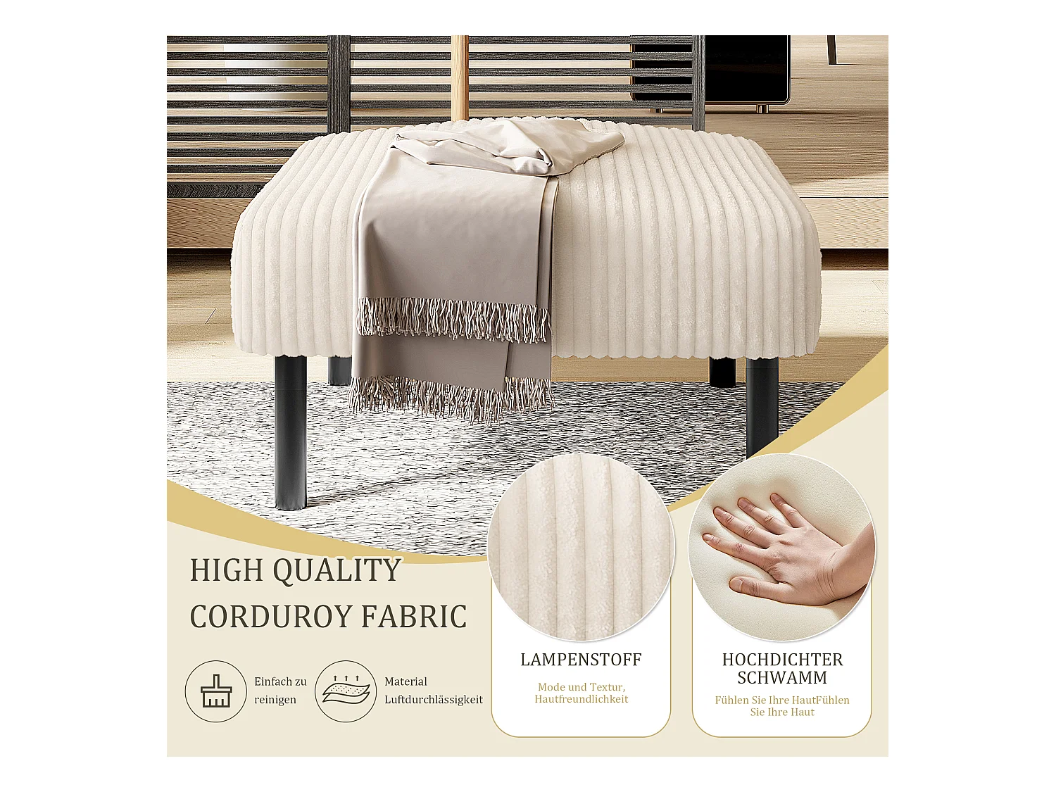 Pouf en velours côtelé avec structure métallique, design contemporain, confort ultra-doux, beige (60x56x18 cm)