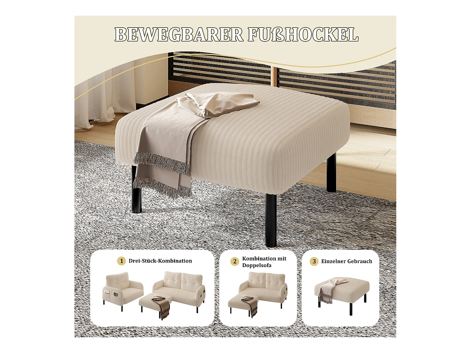 Pouf en velours côtelé avec structure métallique, design contemporain, confort ultra-doux, beige (60x56x18 cm)