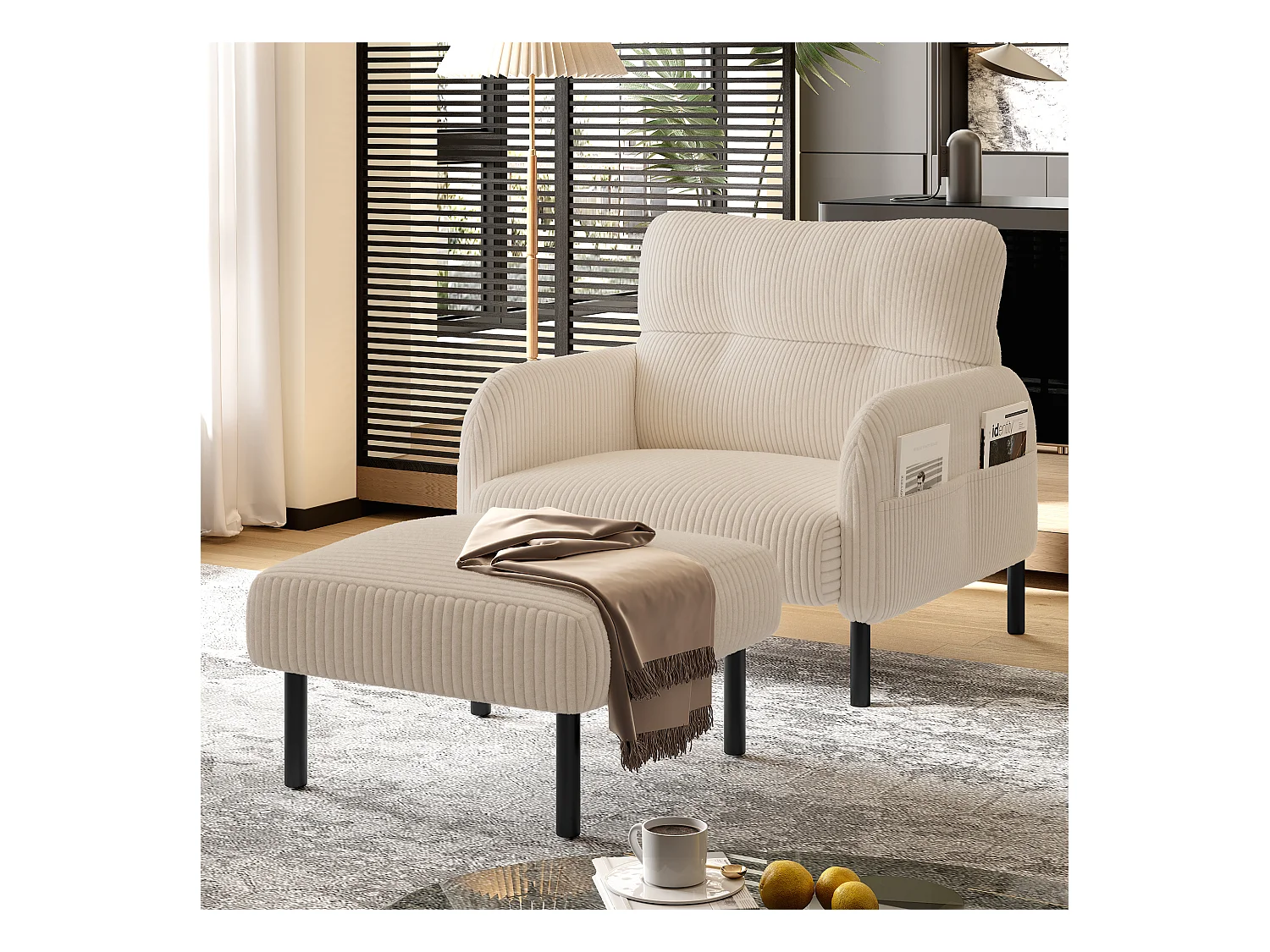 Pouf en velours côtelé avec structure métallique, design contemporain, confort ultra-doux, beige (60x56x18 cm)