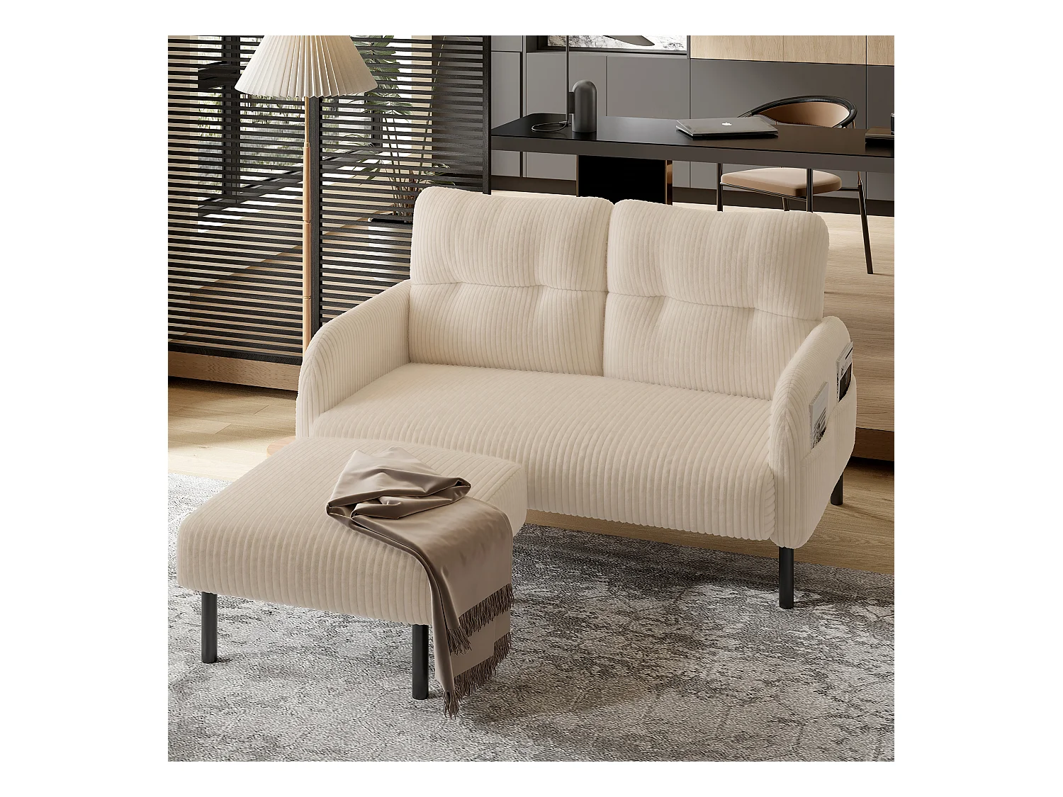 Pouf en velours côtelé avec structure métallique, design contemporain, confort ultra-doux, beige (60x56x18 cm)