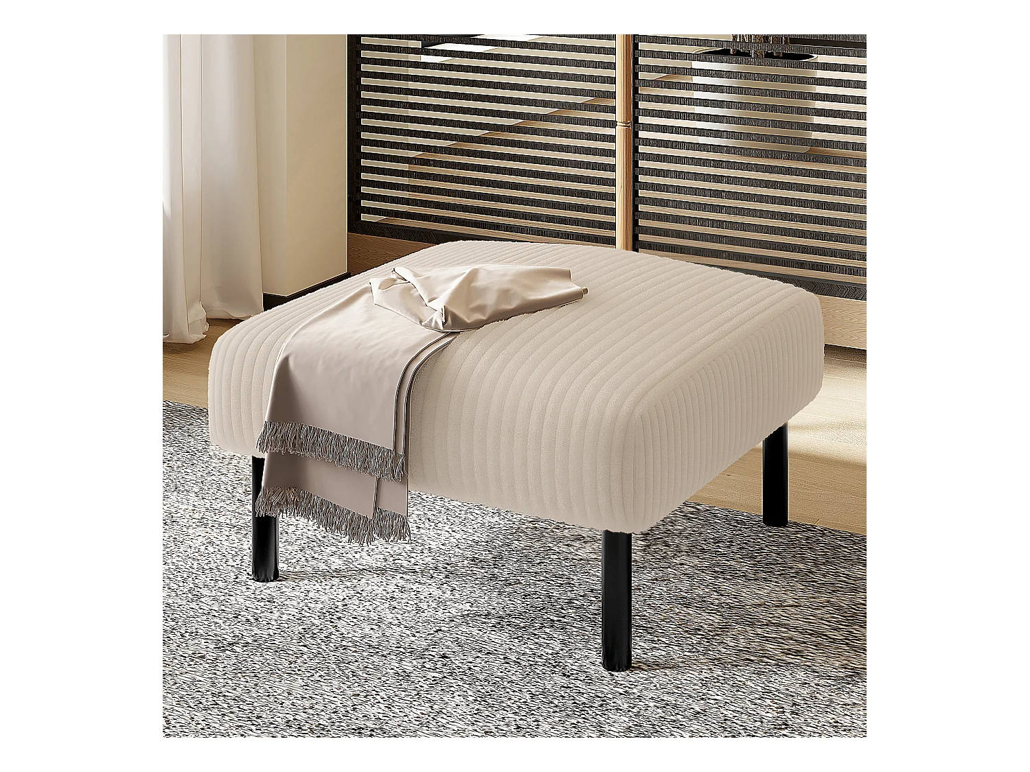 Puf de pana con estructura de metal, diseño contemporáneo, confort ultrasuave, beige (60x56x18 cm)