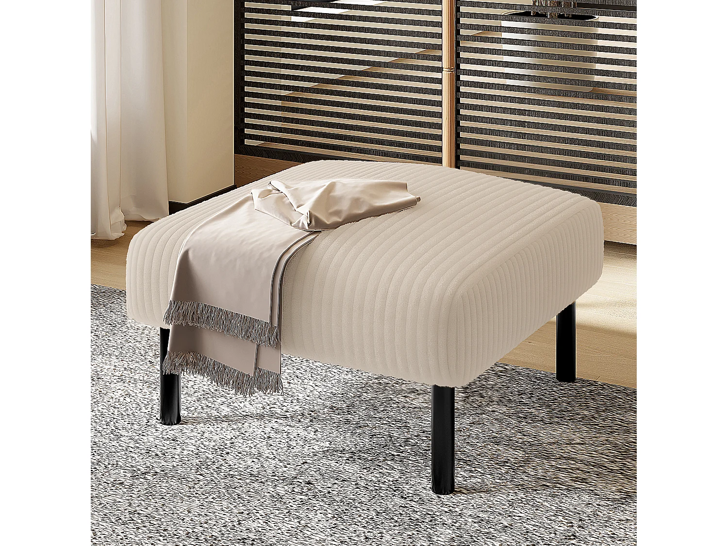 Pouf en velours côtelé avec structure métallique, design contemporain, confort ultra-doux, beige (60x56x18 cm)
