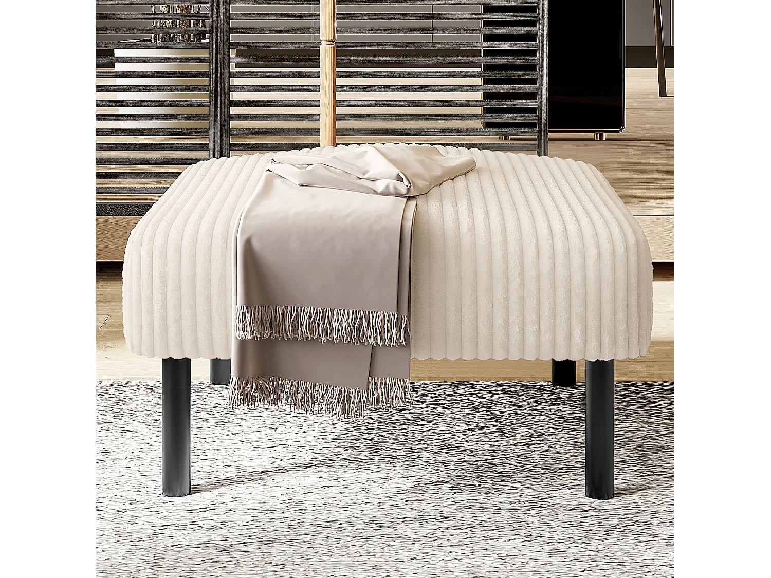 Pouf en velours côtelé avec structure métallique, design contemporain, confort ultra-doux, beige (60x56x18 cm)