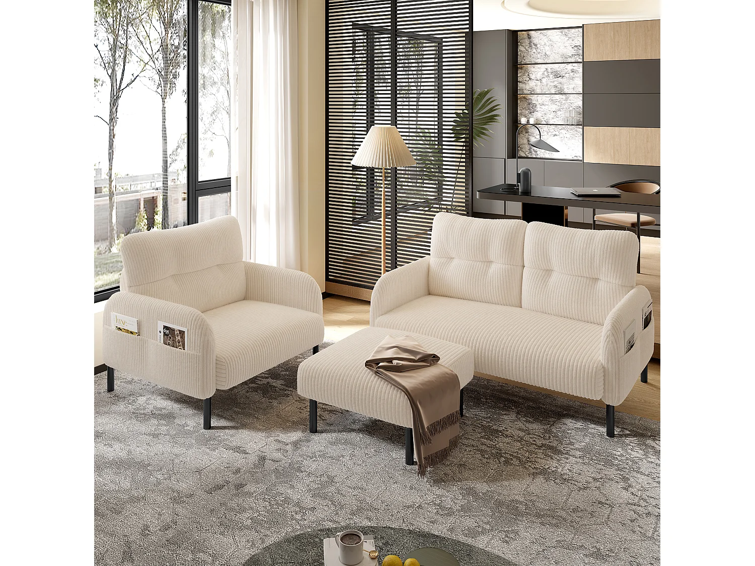 Pouf en velours côtelé avec structure métallique, design contemporain, confort ultra-doux, beige (60x56x18 cm)