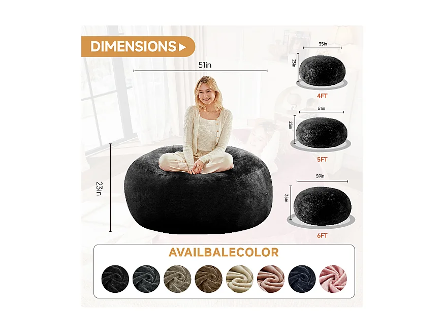 Sac de siège géant ultra-confortable, rembourrage en mousse, noir (90x90x50cm)