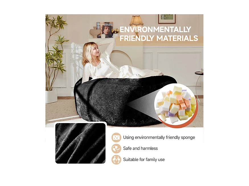 Sac de siège géant ultra-confortable, rembourrage en mousse, noir (90x90x50cm)