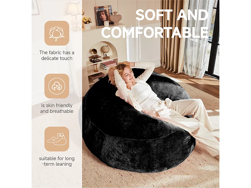 Sac de siège géant ultra-confortable, rembourrage en mousse, noir (90x90x50cm)