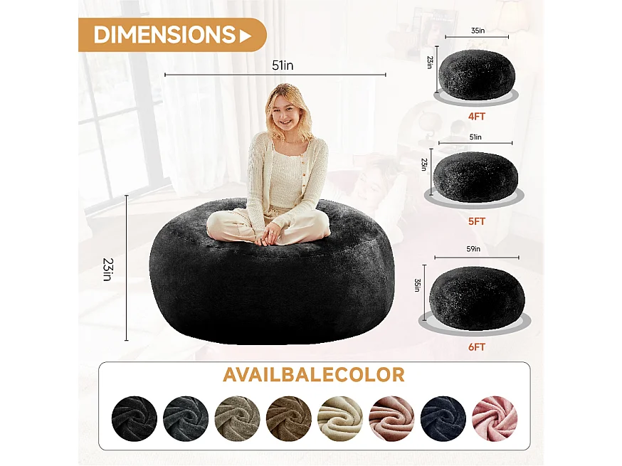 Sac de siège géant ultra-confortable, rembourrage en mousse, noir (90x90x50cm)