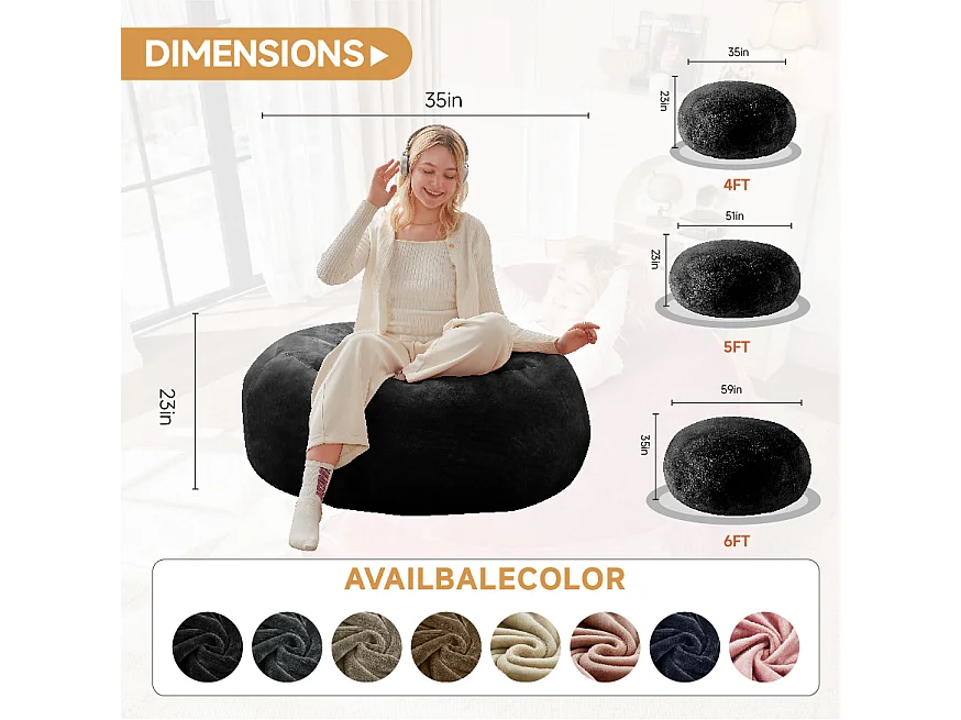 Sac de siège géant ultra-confortable, rembourrage en mousse, noir (90x90x50cm)