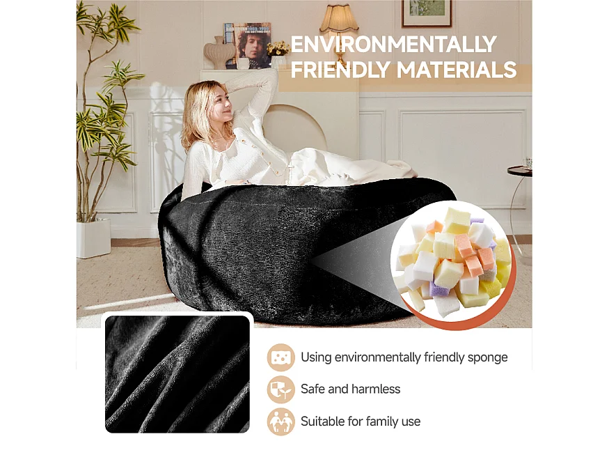 Sac de siège géant ultra-confortable, rembourrage en mousse, noir (90x90x50cm)