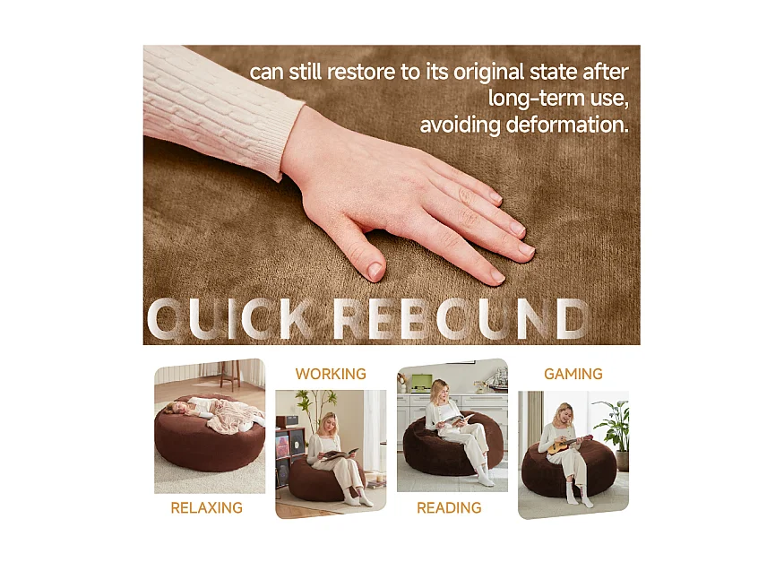 Sacs de siège géant pour adulte, confortable et moelleux, mousse, couleur café (120x120x60cm)