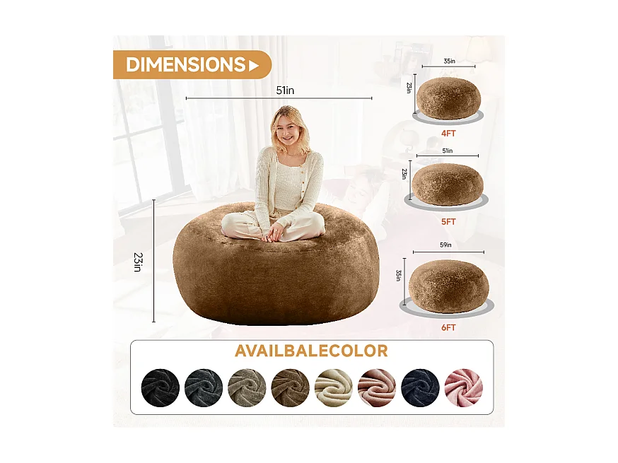 Sacs de siège géant pour adulte, confortable et moelleux, mousse, couleur café (120x120x60cm)