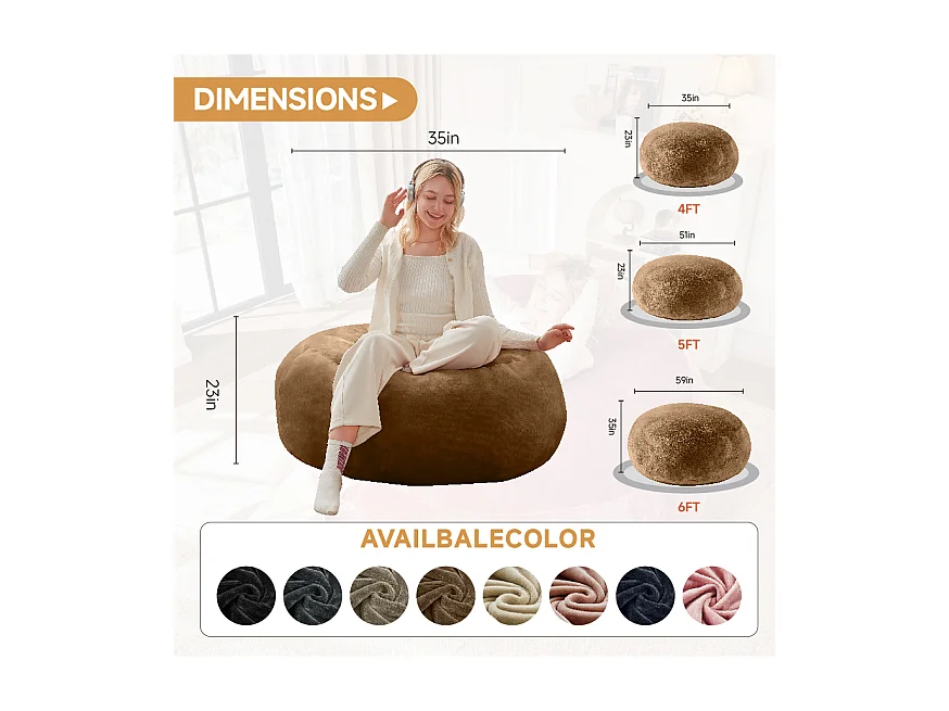 Sacs de siège géant pour adulte, confortable et moelleux, mousse, couleur café (120x120x60cm)