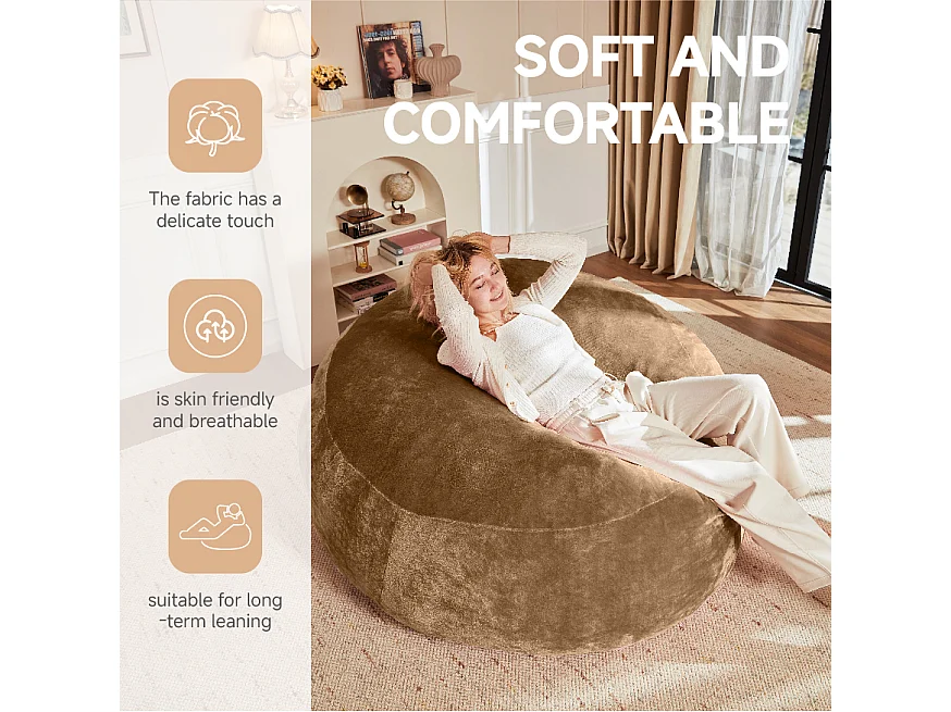 Sacs de siège géant pour adulte, confortable et moelleux, mousse, couleur café (120x120x60cm)