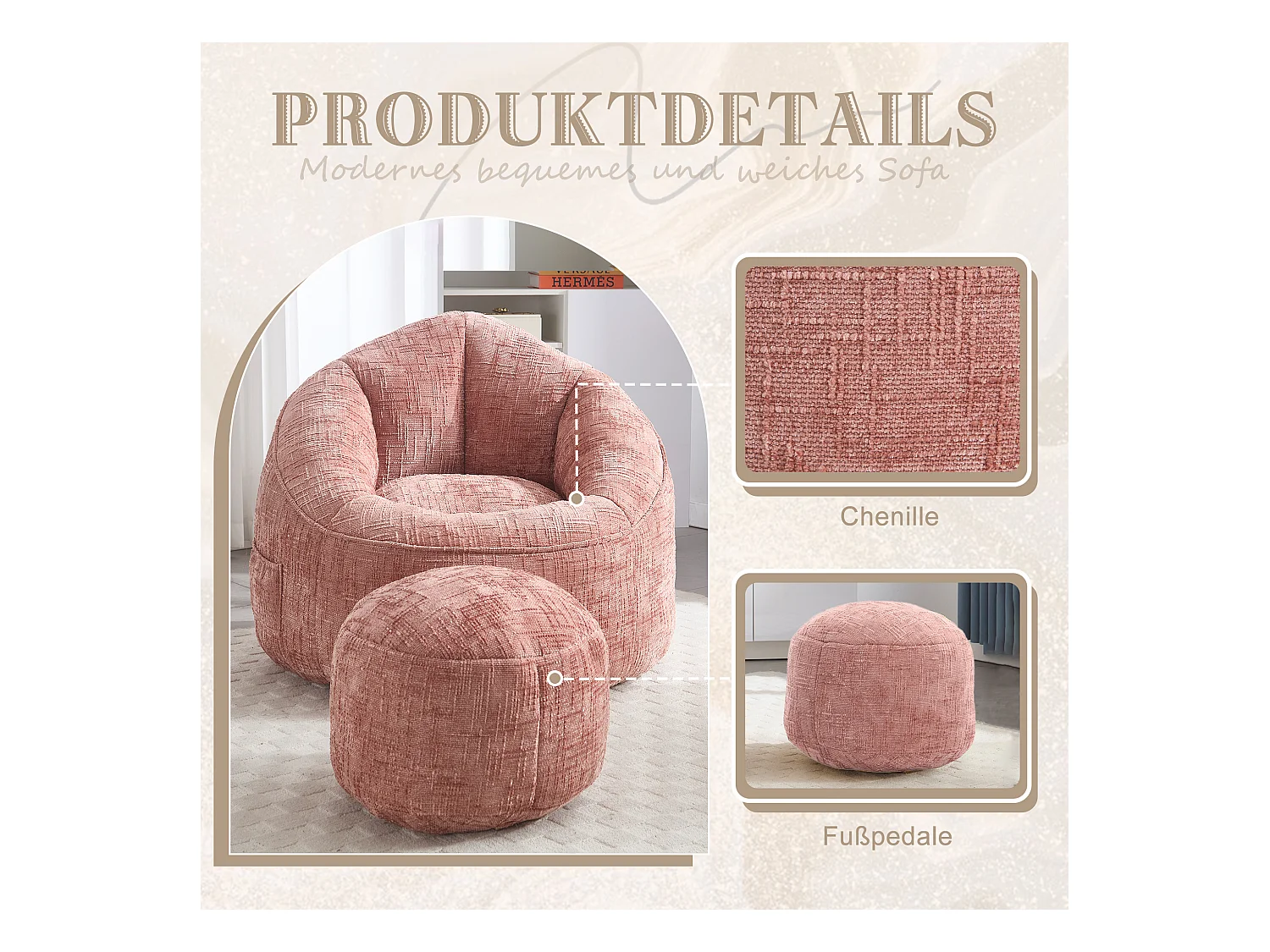 Asientos acolchados de espuma de alta densidad, diseño ergonómico, chenilla, color rosa, con reposapiés integrado (89 x 88 x 76 cm)