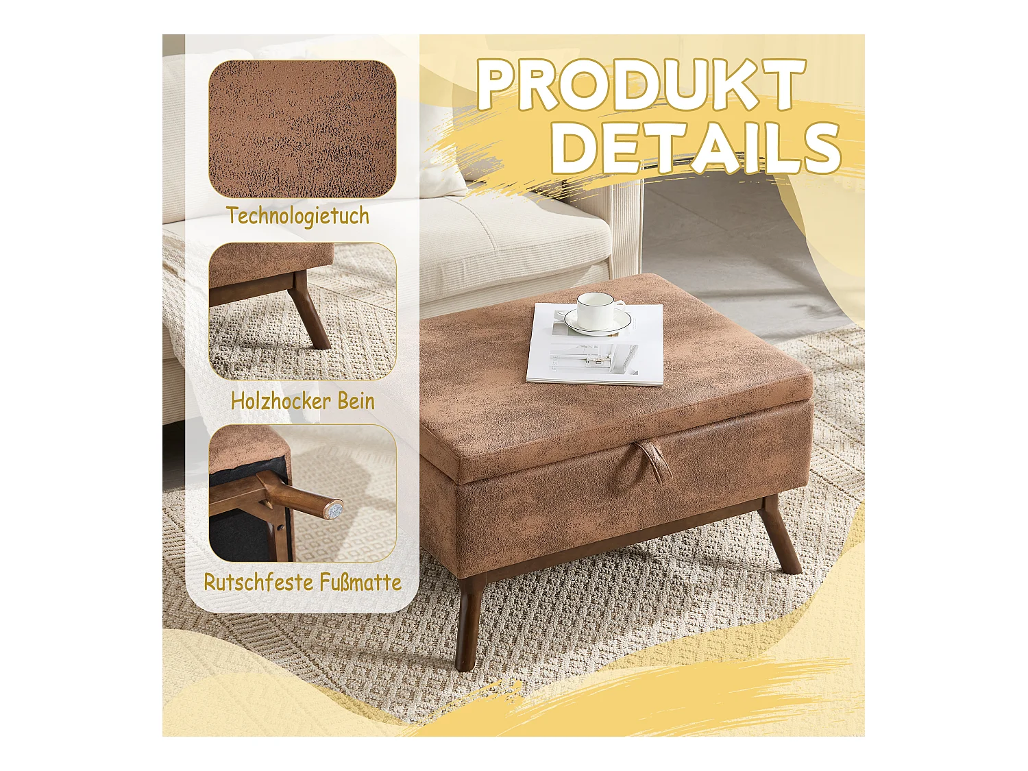 Table basse multifonction design années 50, tissu microfibre, marron, avec rangement (80x59x45cm)