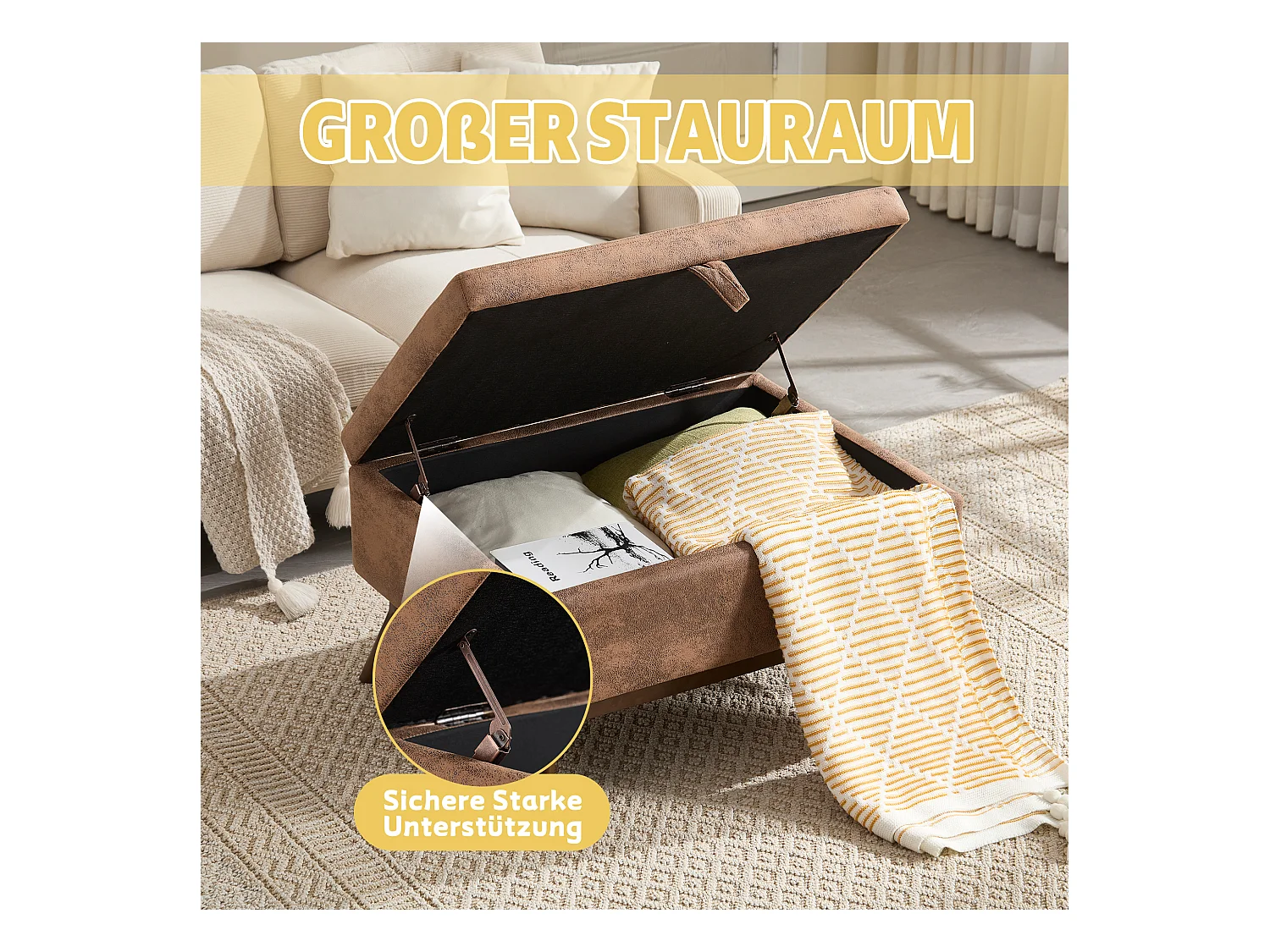 Table basse multifonction design années 50, tissu microfibre, marron, avec rangement (80x59x45cm)