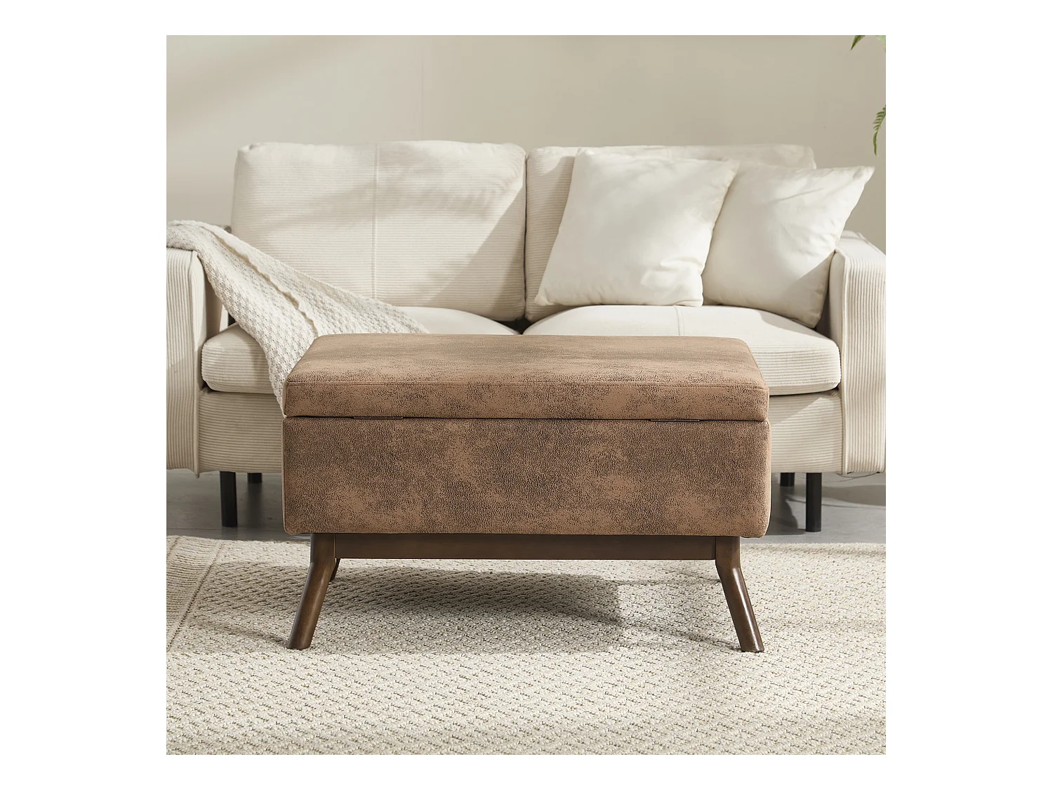 Table basse multifonction design années 50, tissu microfibre, marron, avec rangement (80x59x45cm)