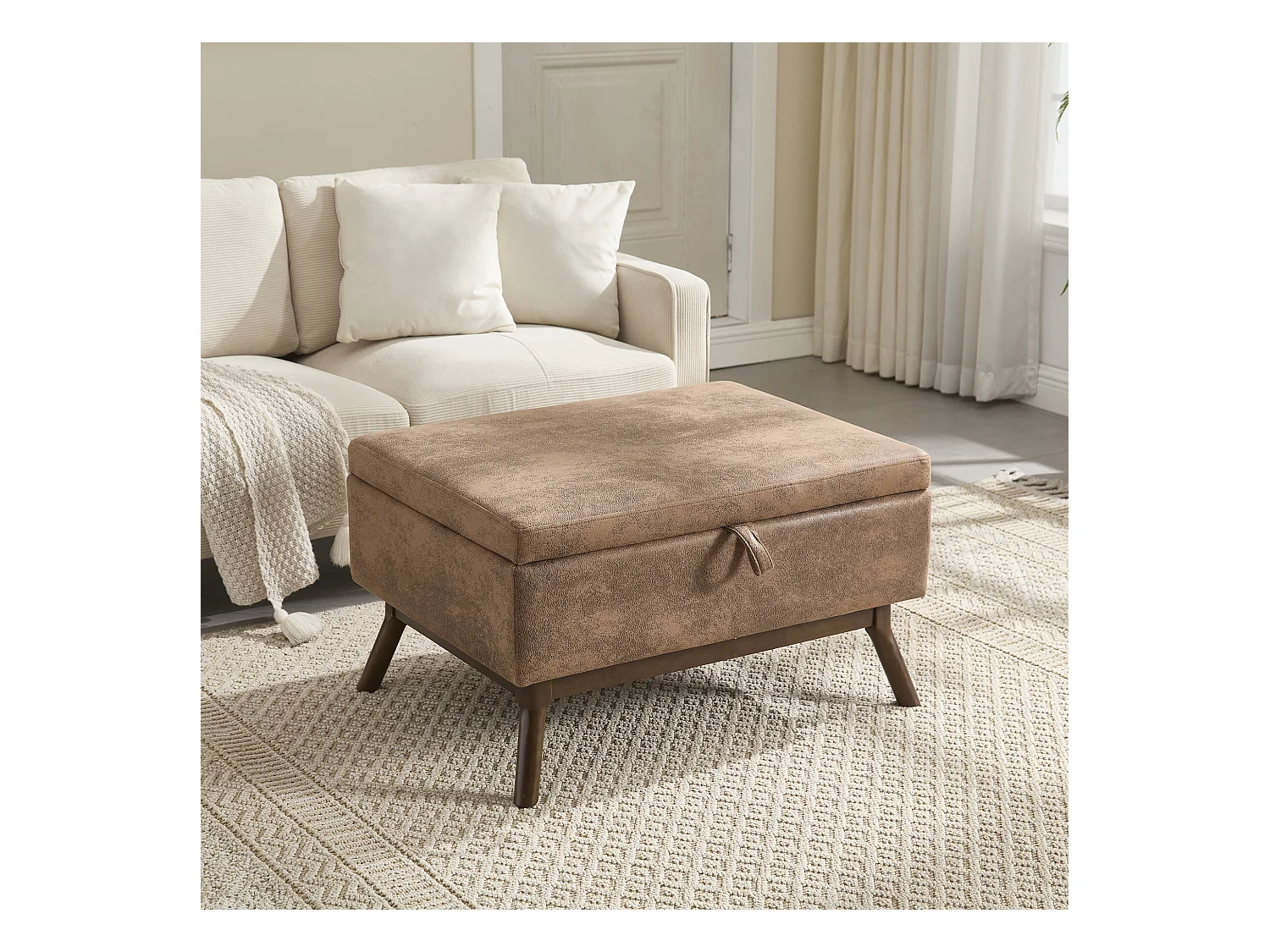 Table basse multifonction design années 50, tissu microfibre, marron, avec rangement (80x59x45cm)