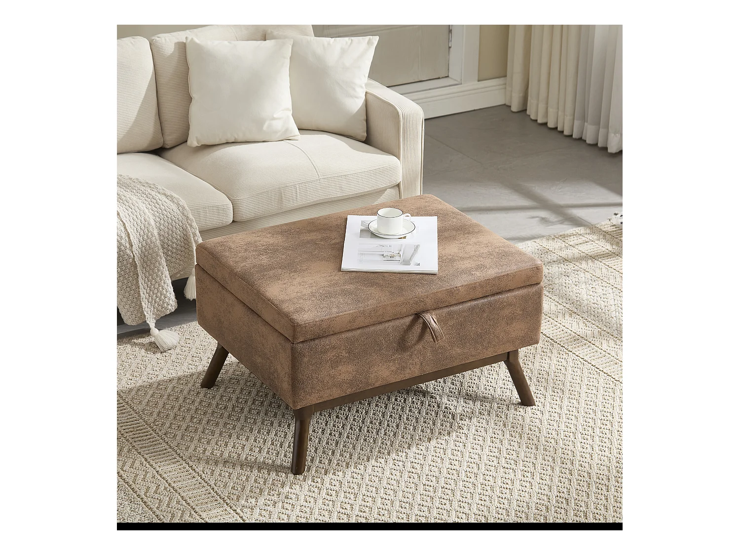 Table basse multifonction design années 50, tissu microfibre, marron, avec rangement (80x59x45cm)