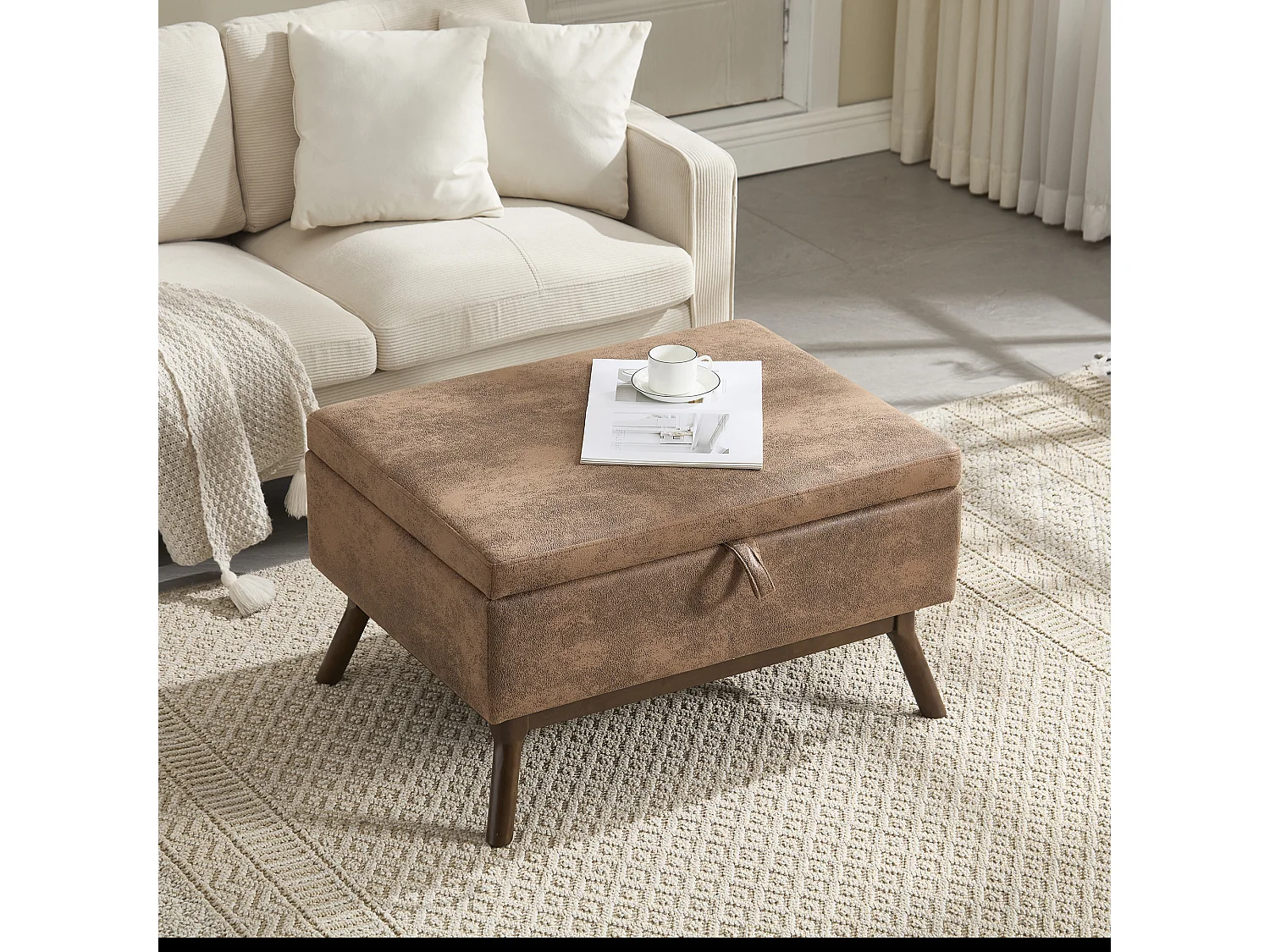 Table basse multifonction design années 50, tissu microfibre, marron, avec rangement (80x59x45cm)