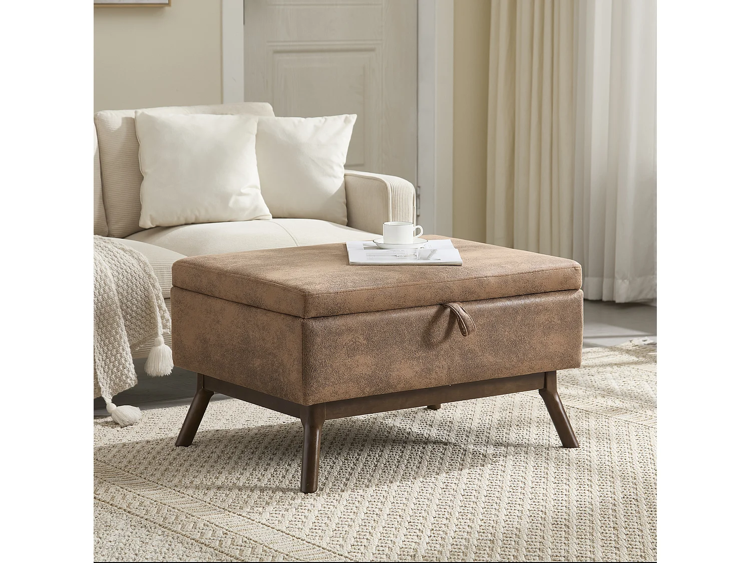 Table basse multifonction design années 50, tissu microfibre, marron, avec rangement (80x59x45cm)