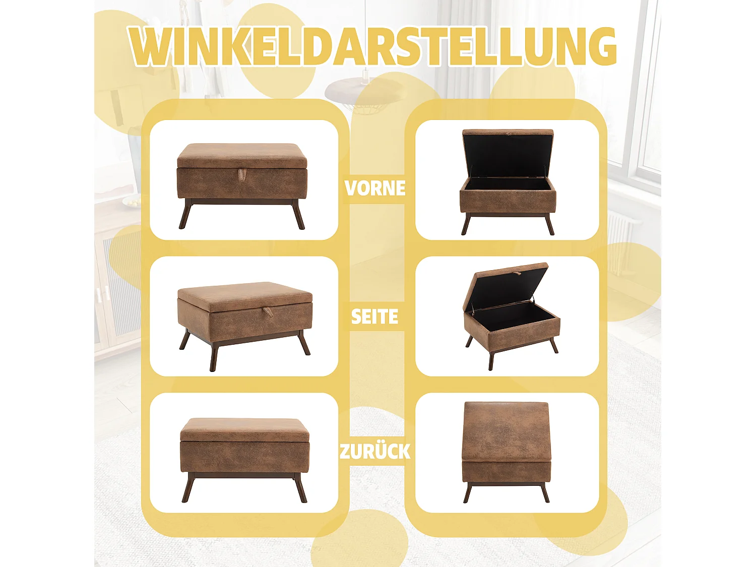 Table basse multifonction design années 50, tissu microfibre, marron, avec rangement (80x59x45cm)