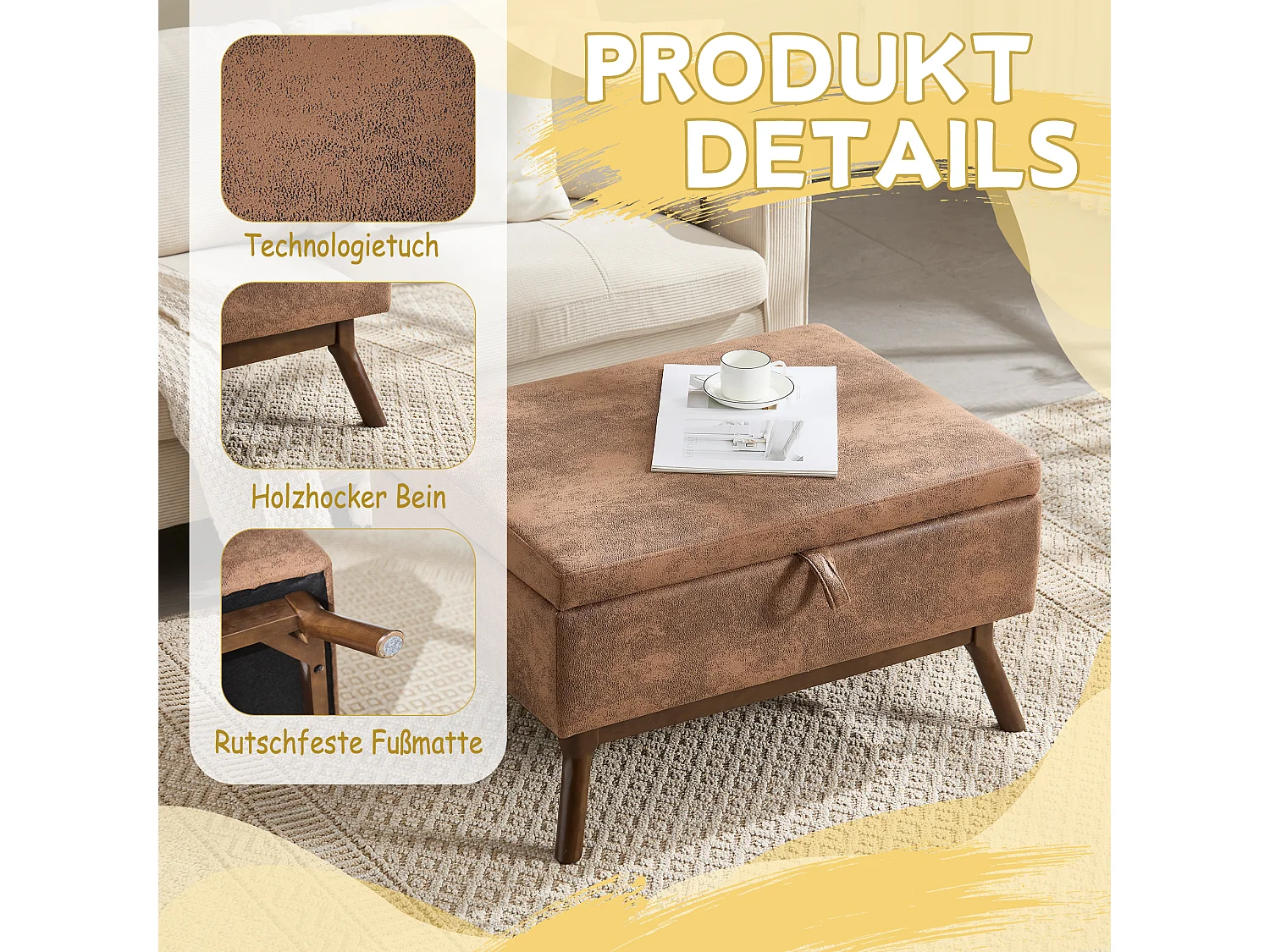 Table basse multifonction design années 50, tissu microfibre, marron, avec rangement (80x59x45cm)